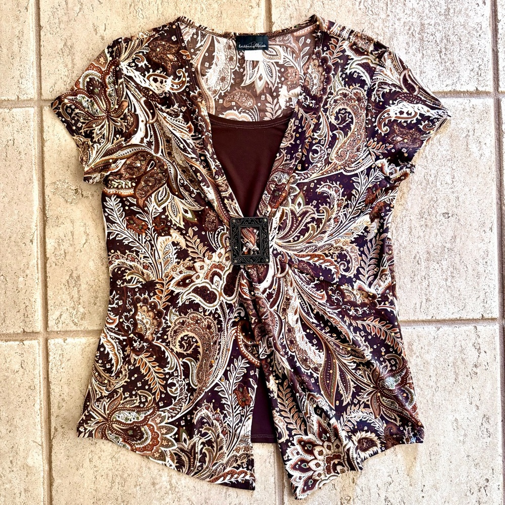 Y2k‎ Brittany Black Sz M Womens Brown Paisley Babydoll Grunge Mobwife Buckle Top